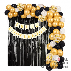 SET DE GLOBOS ARCO XL FELIZ CUMPLEA�OS BANDERIN NEGRO Y ORO 70 UNIDADES
